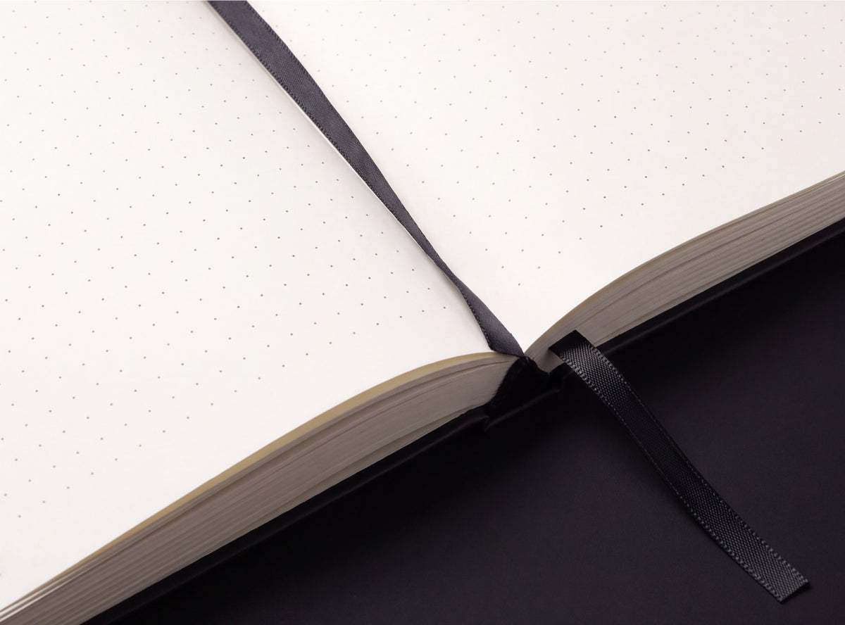 The Engineer's Field Book open flat, showing the binding and black ribbon bookmark